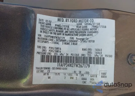 2007 Ford Focus S/Se/Ses from USA, damaged, VIN 1FAFP34N27W267179